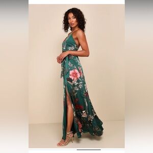 Emerald Green Floral Print Satin Dress
